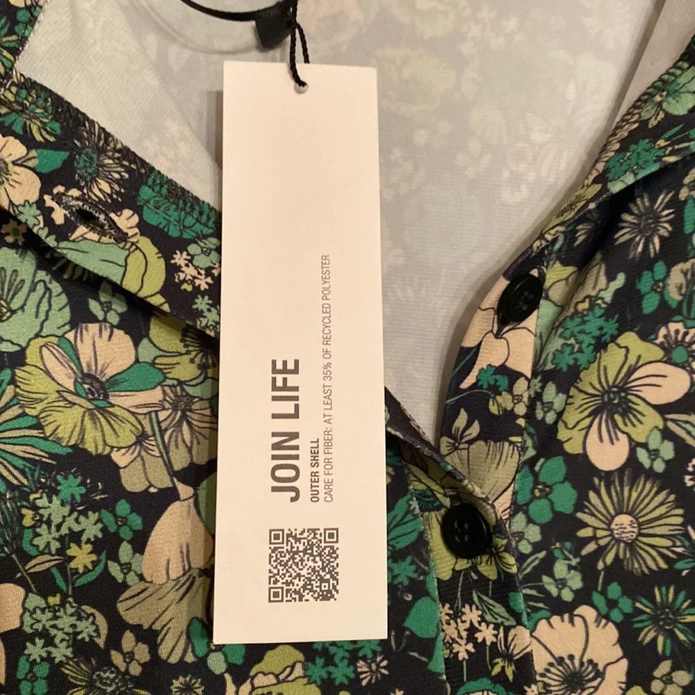 ZARA Floral Print Mini Shirt Dress S Green White Long Sleeve V-Neck Retro - Picture 9 of 12